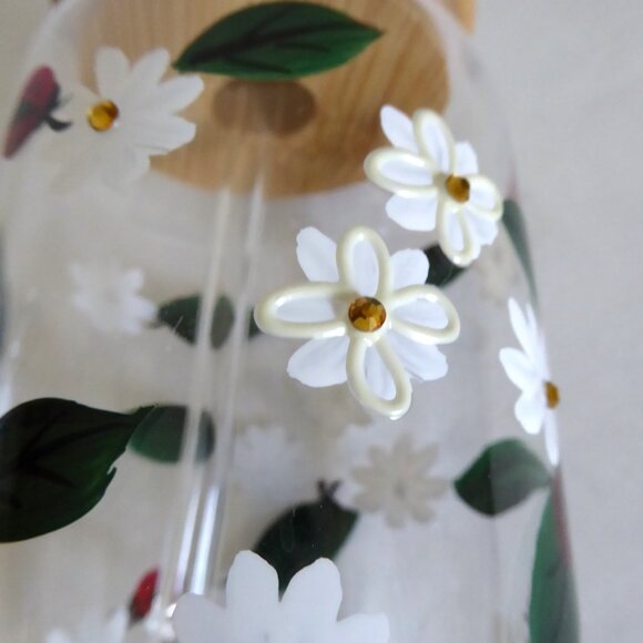 NEW 16oz HAND PAINTED DAISY FLOWER LADY BUGS BEJEWELED GLASS SIPPER W/ STRAW - Picture 7 of 13